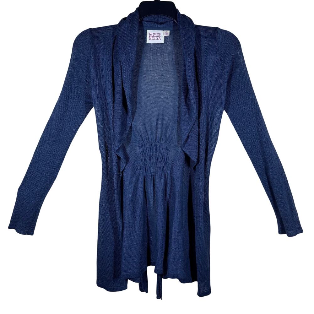 Anthropologie Rosie Neira Linen Belted Open Front Navy Cardigan Women's Medium
